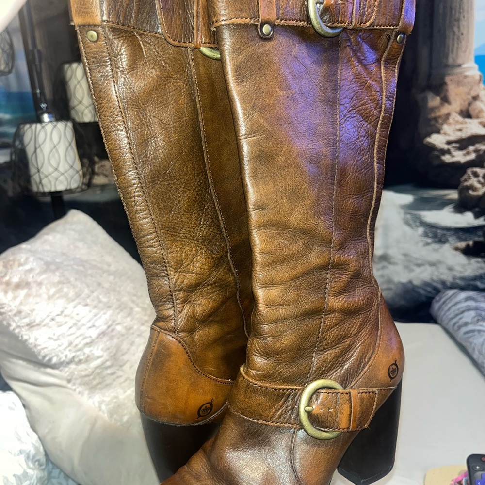 #937| BORN Brown Crown “Iselle” Leather Knee-High 🥾boots,w/leopard print lined
